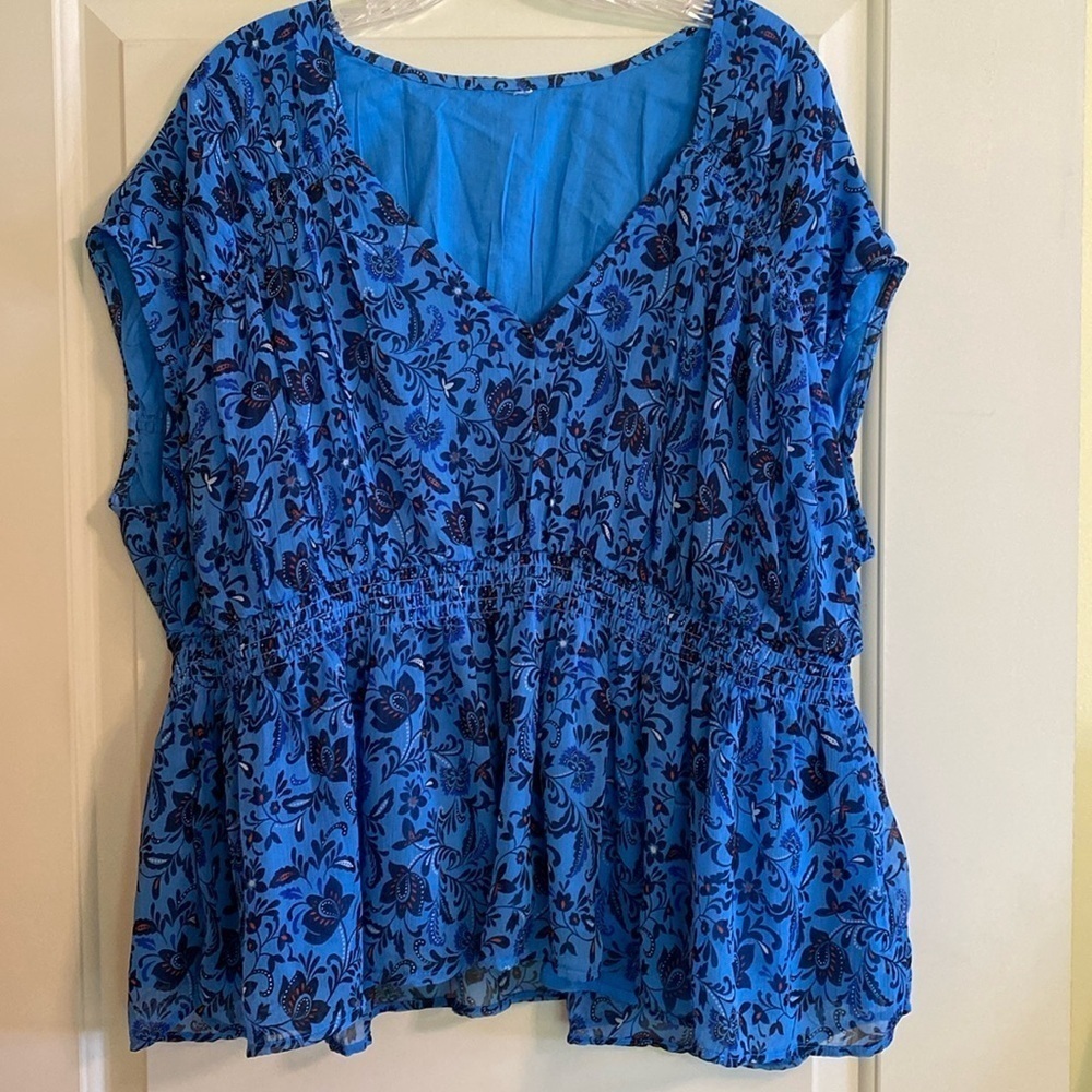 Old Navy V Neck Sheer Lined Ruched Waist Drop Sleeve Blue Floral Top Blouse 2X